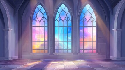 Obraz premium Gothic cathedral interior with stained glass windows casting colorful light onto the stone floor