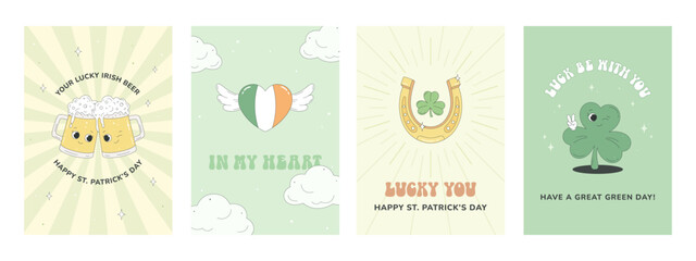 Saint Patrick's Day set of holiday gift card. Funny characters shamrock and Irish beer. Horseshoe for luck, heart in the colors of the Irish flag.
