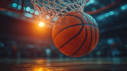 Basketball going through hoop with dramatic lighting, scoring shot in action, sports competition, court atmosphere, victory celebration, close-up game moment, dynamic play, skillful shot