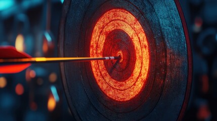 Arrow hitting bullseye on target, achieving goal concept, precise aim, archery accuracy, focused effort, center shot, motivational achievement, challenge success, perfect mark