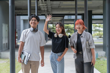 Three happy students walking on campus, one waving in greeting, enjoying university life together. Representing gen z unity and friendship in higher education