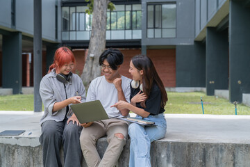 Three happy students celebrating academic success outdoors on campus, using a laptop for online study project. Asian young adults showcase teamwork and collaboration for educational goals