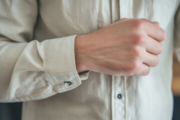 Fototapeta premium Close-up of a Man's Hand Adjusting a Light Beige Shirt