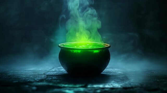 Black cauldron with glowing green potion and smoke effects. Halloween and fantasy content