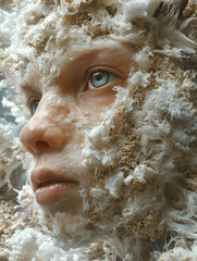 Obraz premium Mesmerizing close-up of ethereal face blending with organic textures and natural elements