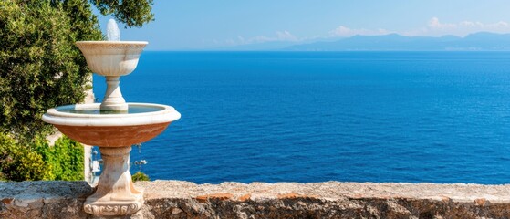 Obraz premium Luxurious villa with a fountain and Mediterranean landscaping, overlooking a coastal cliff