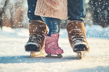 Close-up of Three Pairs of Ice Skates on Snowy Ice