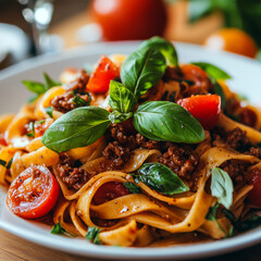 fettuccine with beautifully browned ground beef. AI generative.