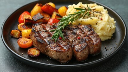 Savory grilled lamb chops served with vibrant roasted vegetables, rosemary, and creamy garlic mashed potatoes on a dark ceramic plate