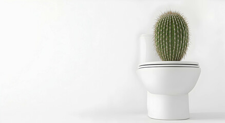 Cactus standing on toilet in restroom on white background with space for text. Concept of hemorrhoid problem.