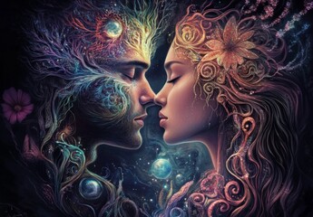 Fototapeta premium Dreams and emotions intertwine in this surreal illustration of lovers.