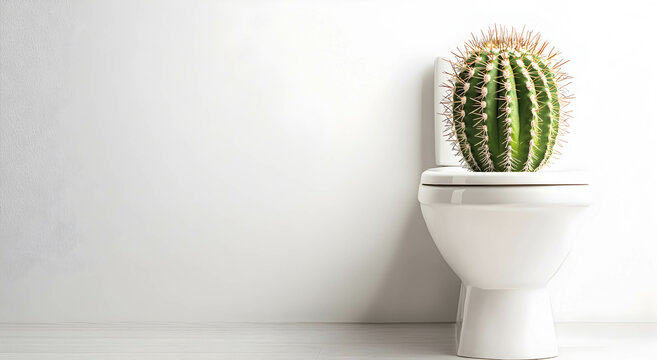 Cactus standing on toilet in restroom on white background with space for text. Concept of hemorrhoid problem.