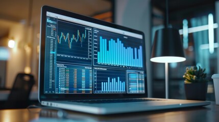 Fototapeta premium Laptop Displaying Financial Data Analytics in Modern Office