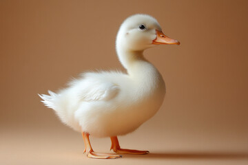 Obraz premium Cute fluffy duckling portrait with minimalist beige background