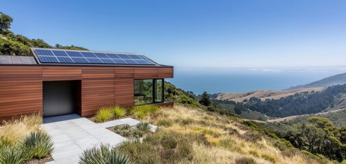 Modern eco-friendly home with solar panels on the roof, garden with native plants surrounding