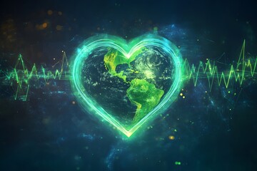 planet Earth in a heart shape, with green heartbeat around, representing sustainability, environment, ecosystem and global warming