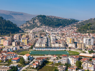 Naklejka premium Aerial drone photo of the soccer field in Berat, Albania