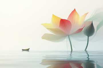 Lotus leaf, water reflection, perspective aesthetics, soft gradient colors, red and yellow, minimalist image from ancient China. AI generative.