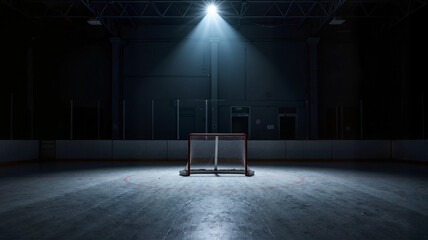 Hockey goal net under stadium spotlight at night