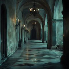 Obraz premium Candle-Lit Hallway in an Old Castle with Stone Walls and Atmospheric Lighting