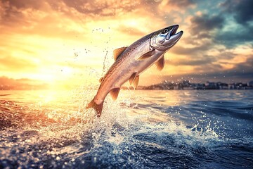Obraz premium Large salmon leaps out of the water against a vibrant sunset, creating a splash and reflecting the golden light on its scales