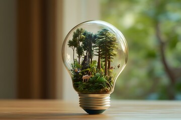 forest and ecosystem in the light bulb, representing green energy, environment and nature