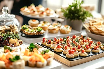 Variety of small snacks and nibbles being presented on a table at a catered event, showcasing delicious and visually appealing finger food options