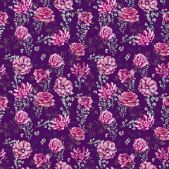Beautiful pattern with pink roses and acacia flowers on a purple background. Vintage watercolor illustration for print textile, packaging, cover, wallpaper and decor interior.