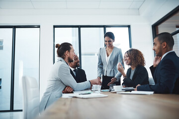 Brainstorming, planning and smile in meeting, group and documents of financial report, team and boardroom. Office, discussion and corporate people with communication, colleagues and insurance company
