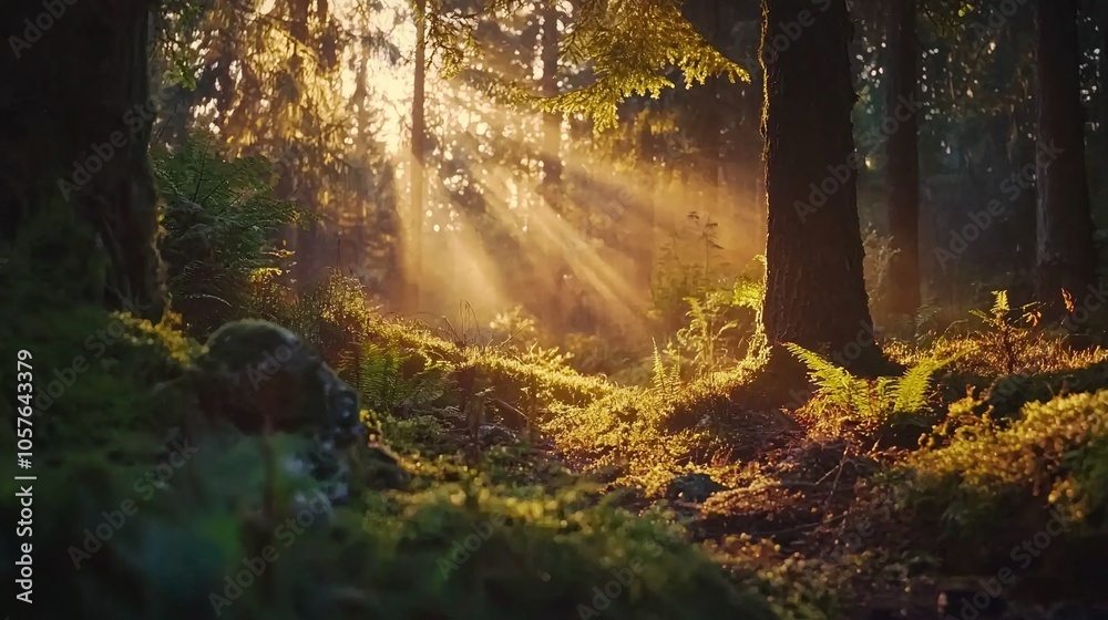 Aufkleber A tranquil forest illuminated by golden hour light with sunbeams filtering through the trees creating a magical atmosphere
