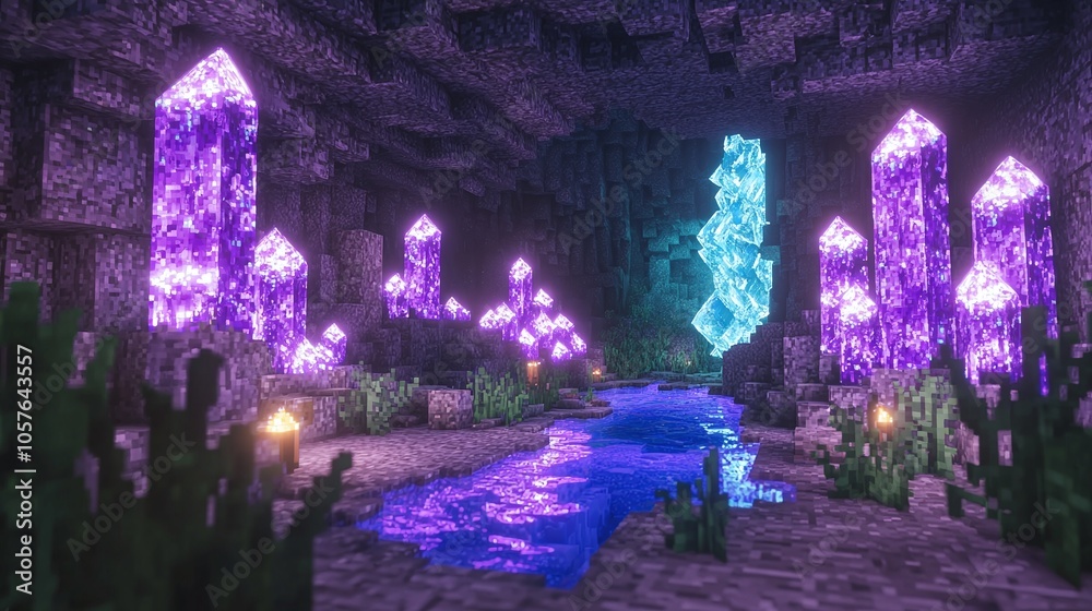 Aufkleber exploring the enchanting hidden cave adorned with radiant crystals and a serene waterway illuminated