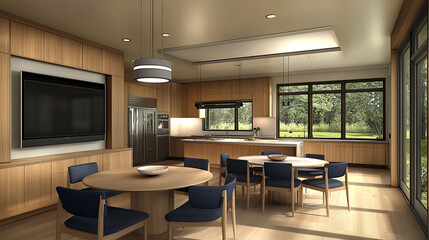 Fototapeta premium Modern Kitchen Dining Area with Wooden Cabinets and Large Windows