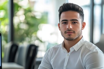 Obraz premium Portrait of a Young Man in a White Shirt Looking Directly at the Camera