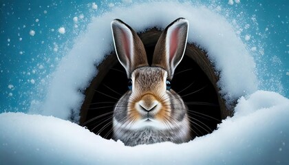 a rabbit emerging from its burrow after a fresh snowfall 