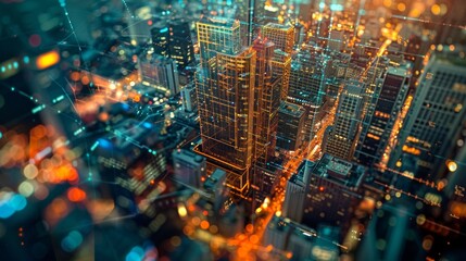 Futuristic Cityscape with Digital Overlay in Vibrant Colors