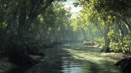 Obraz premium Exploring the serene beauty of a winding river amidst a lush mangrove forest a journey into nature's tranquility