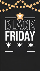 Minimalist Black Friday sale sign with hanging lights and stylish star accents for seasonal shopping promotions
