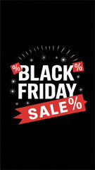 Bold Black Friday sale design with red "Sale" banner and festive stars on dark background for seasonal deals