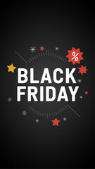 Festive Black Friday sale graphic with percentage symbols and red starburst shapes on bold black background