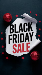 Bold Black Friday sale sign with ripped paper effect and red ornaments for holiday shopping season