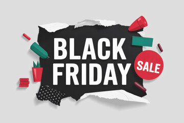 Torn paper Black Friday sale sign with colorful elements for eye-catching holiday shopping promotions