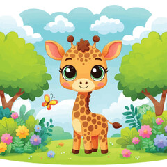 Naklejka premium Cute vector illustration of a giraffe standing in a vibrant forest