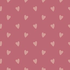 Seamless pattern on the Valentines Day theme with pink hearts on the dusty rose background, perfect for textile, fabric, cards, bedclothes, wallpapers, stationery, wrapping and design paper