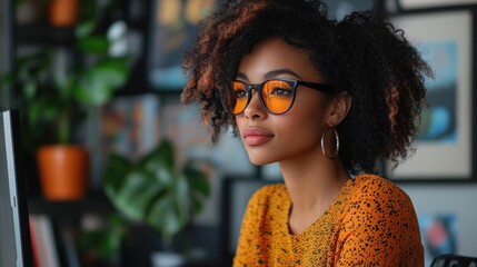 Focused Woman with Curly Hair