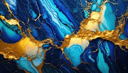 Abstract blue marble texture with_shiny gold splashes, blue luxury background 