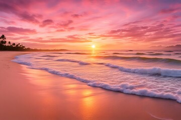 Golden pink sunrise over a tropical beach sky full of warm hues with gentle waves, AI Generated