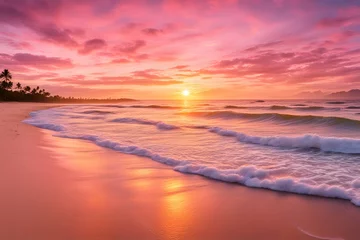 Golden pink sunrise over a tropical beach sky full of warm hues with gentle waves, AI Generated
