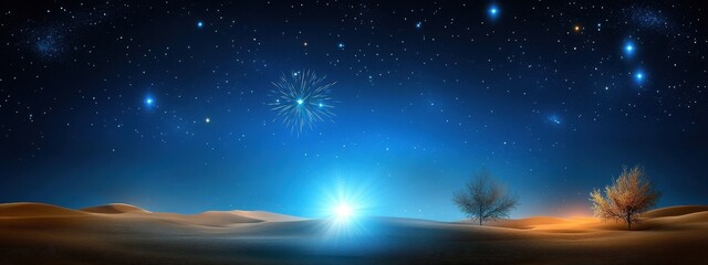 Fototapeta premium Fireworks over desert landscape, minimalistic skyline with starry sky