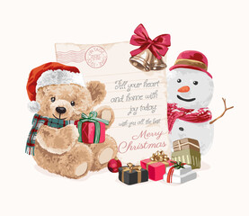 Christmas blessing letter with bear doll and snowman in Christmas theme vector illustration