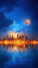 Fototapeta premium Fireworks bursting over tranquil ocean, dramatic skyline